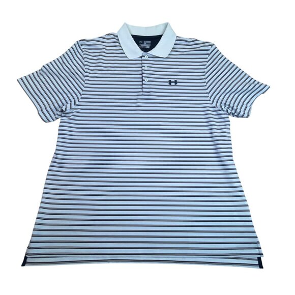 Under Armour Men's White Striped Heatgear Polo Shirt With Loose Fit Sz 2XL - Picture 1 of 8